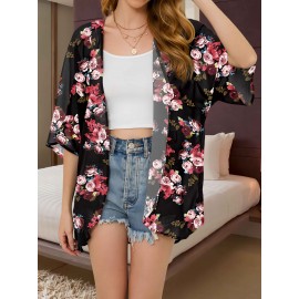 Floral Print Sheer Chiffon Coverup, Casual Half Sleeve Open Front Loose Blouse, Women's Clothing