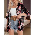 Floral Print Sheer Chiffon Coverup, Casual Half Sleeve Open Front Loose Blouse, Women's Clothing