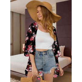 Floral Print Sheer Chiffon Coverup, Casual Half Sleeve Open Front Loose Blouse, Women's Clothing