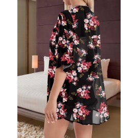 Floral Print Sheer Chiffon Coverup, Casual Half Sleeve Open Front Loose Blouse, Women's Clothing