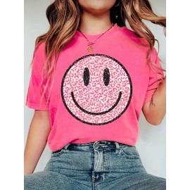 Cute Smile Print T-shirt, Casual Short Sleeve Crew Neck Top, Women's Clothing