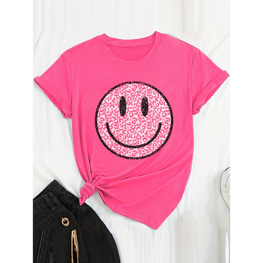 Cute Smile Print T-shirt, Casual Short Sleeve Crew Neck Top, Women's Clothing