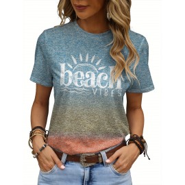 Beach Vibes Print T-shirt - Women's Casual Crew Neck Short Sleeve Tee