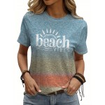 Beach Vibes Print T-shirt - Women's Casual Crew Neck Short Sleeve Tee