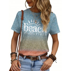 Beach Vibes Print T-shirt - Women's Casual Crew Neck Short Sleeve Tee