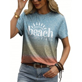 Beach Vibes Print T-shirt - Women's Casual Crew Neck Short Sleeve Tee