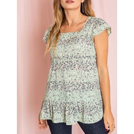 Summer/Spring Ditsy Floral Bishop Lantern Sleeve Crew Neck Cute Baby Doll Top Blouse With Button Accent Breathable, Plus Extended Size