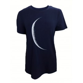 Moon Print Crew Neck T-Shirt, Casual Short Sleeve T-Shirt For Spring & Summer, Women's Clothing