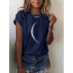 Moon Print Crew Neck T-Shirt, Casual Short Sleeve T-Shirt For Spring & Summer, Women's Clothing