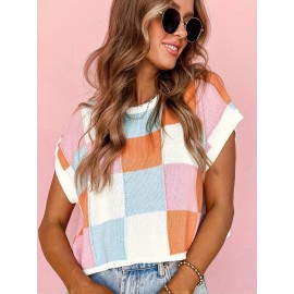 Grapefruit Orange Color Block Cap Sleeve Sweater