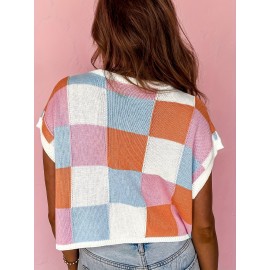 Grapefruit Orange Color Block Cap Sleeve Sweater