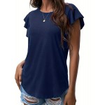 Ruffle Sleeve Crew Neck T-Shirt, Casual Top For Summer & Spring, Women's Clothing