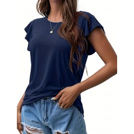 Ruffle Sleeve Crew Neck T-Shirt, Casual Top For Summer & Spring, Women's Clothing