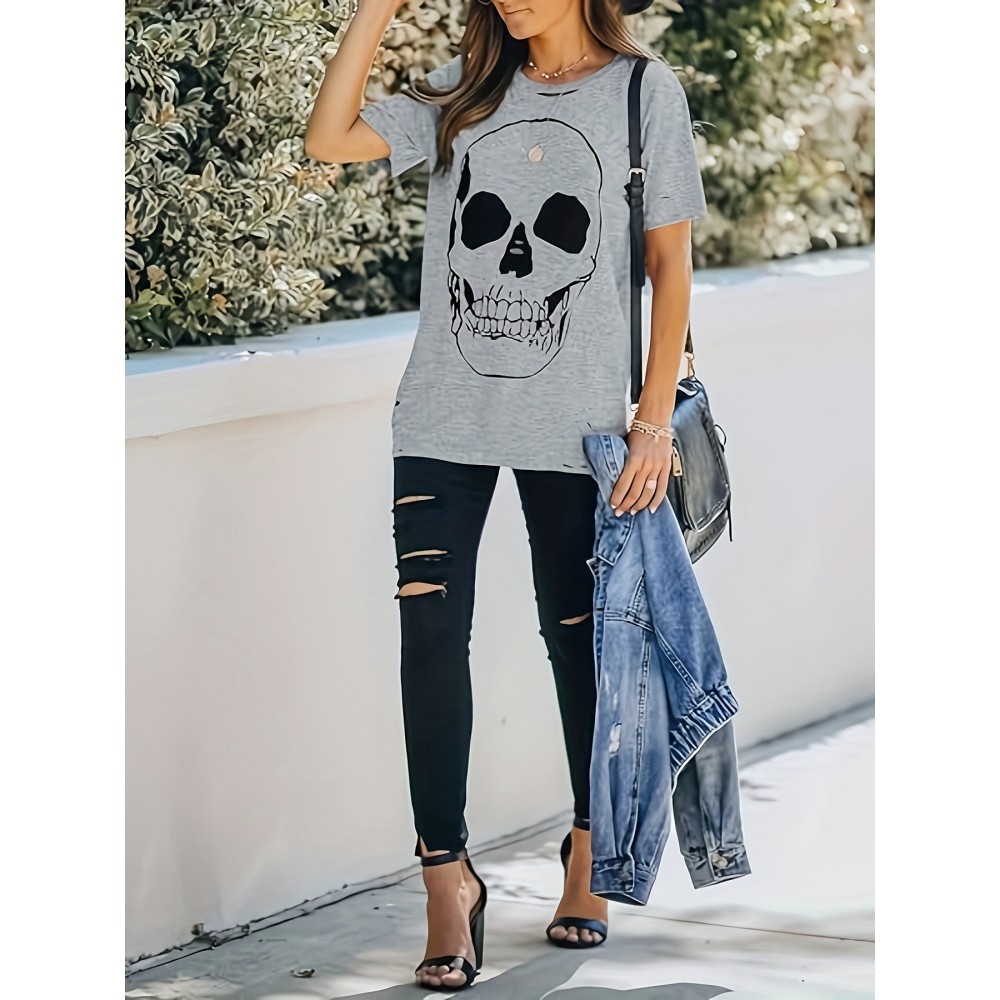 Skull Print Cut Out T-shirt, Distressed Short Sleeve Loose Top For Spring & Summer, Women's Clothing