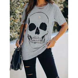 Skull Print Cut Out T-shirt, Distressed Short Sleeve Loose Top For Spring & Summer, Women's Clothing