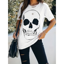 Skull Print Cut Out T-shirt, Distressed Short Sleeve Loose Top For Spring & Summer, Women's Clothing