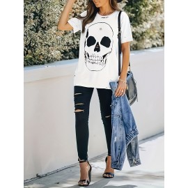 Skull Print Cut Out T-shirt, Distressed Short Sleeve Loose Top For Spring & Summer, Women's Clothing