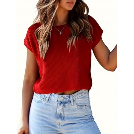 Women's Cap Sleeve Navel Top Summer Fashion Outing Round Neck Loose Knitted Cropped Sweater Vest