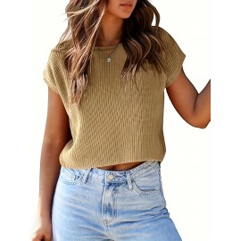 Women's Cap Sleeve Navel Top Summer Fashion Outing Round Neck Loose Knitted Cropped Sweater Vest