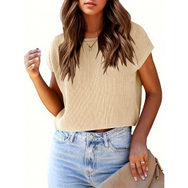 Women's Cap Sleeve Navel Top Summer Fashion Outing Round Neck Loose Knitted Cropped Sweater Vest