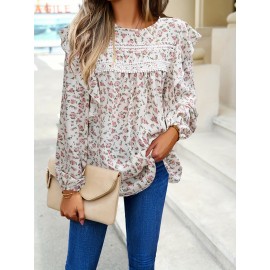 Women's floral shirt small floral crewneck long-sleeved top