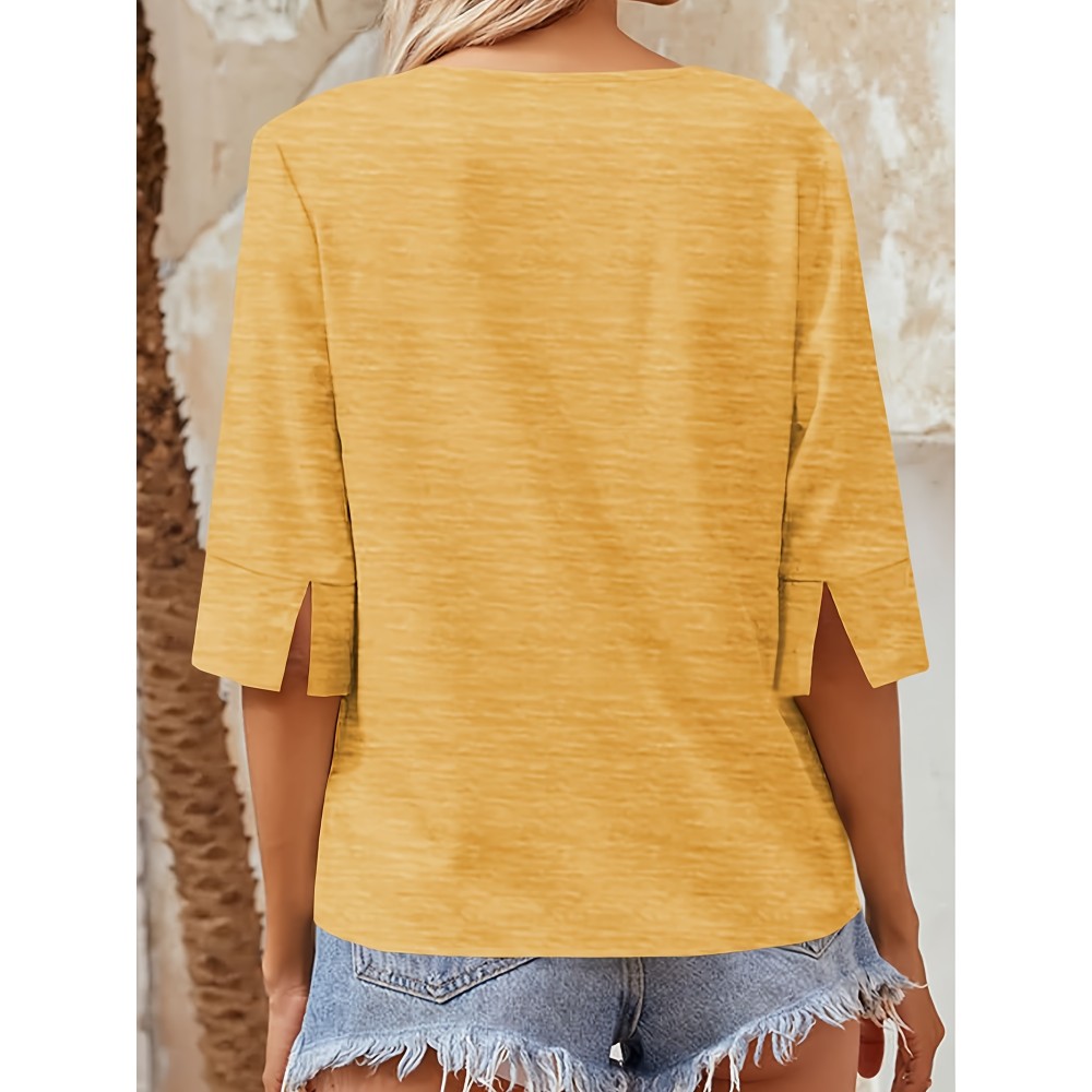 Women Fashion Half Sleeve V-Neck T-Shirt Solid Loose Basic Tops