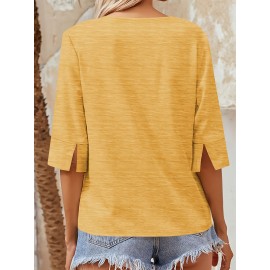 Women Fashion Half Sleeve V-Neck T-Shirt Solid Loose Basic Tops