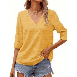 Women Fashion Half Sleeve V-Neck T-Shirt Solid Loose Basic Tops