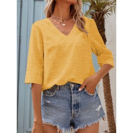 Women Fashion Half Sleeve V-Neck T-Shirt Solid Loose Basic Tops