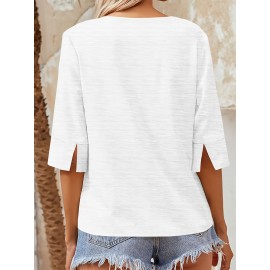 Women Fashion Half Sleeve V-Neck T-Shirt Solid Loose Basic Tops