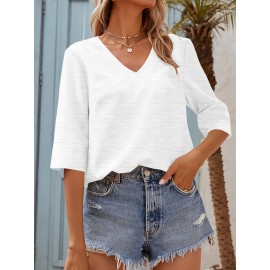 Women Fashion Half Sleeve V-Neck T-Shirt Solid Loose Basic Tops