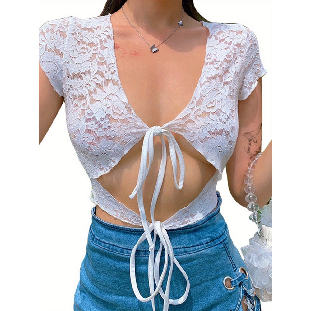 Women's lace bandage crop top, sexy crochet lace-up hollow short-sleeved top, can be worn on both sides