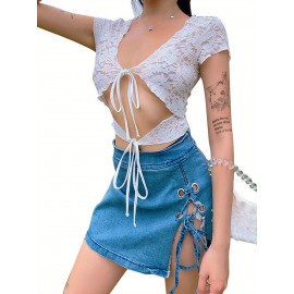 Women's lace bandage crop top, sexy crochet lace-up hollow short-sleeved top, can be worn on both sides