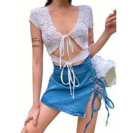 Women's lace bandage crop top, sexy crochet lace-up hollow short-sleeved top, can be worn on both sides