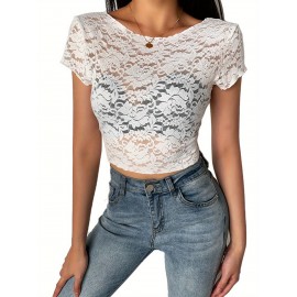 Women's lace bandage crop top, sexy crochet lace-up hollow short-sleeved top, can be worn on both sides