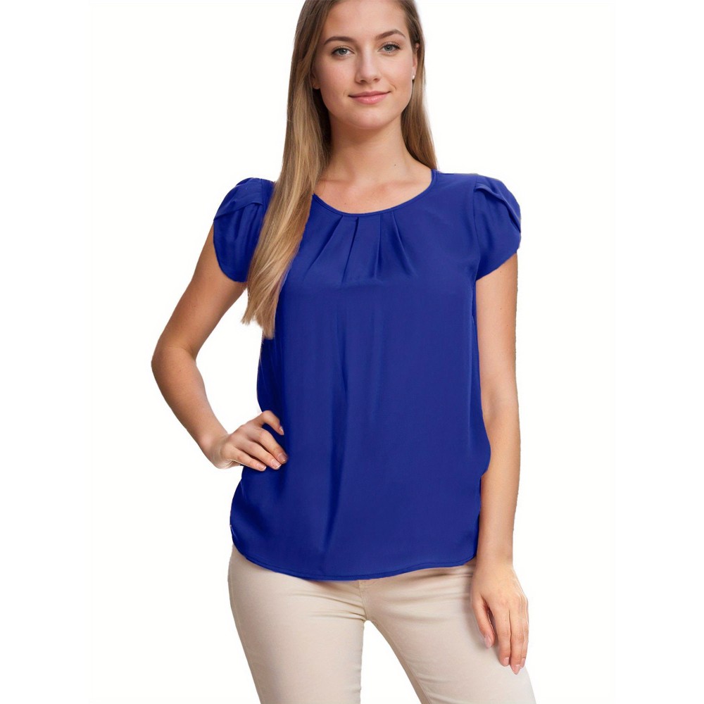 Women's Round Neck Pleated Blouse Cap Sleeve Curved Keyhole Back Chiffon Top