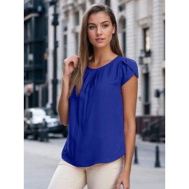 Women's Round Neck Pleated Blouse Cap Sleeve Curved Keyhole Back Chiffon Top