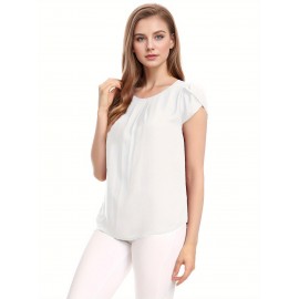 Women's Round Neck Pleated Blouse Cap Sleeve Curved Keyhole Back Chiffon Top