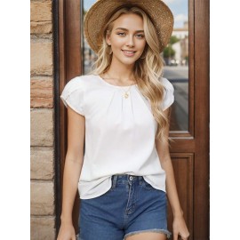 Women's Round Neck Pleated Blouse Cap Sleeve Curved Keyhole Back Chiffon Top