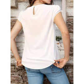 Women's Round Neck Pleated Blouse Cap Sleeve Curved Keyhole Back Chiffon Top