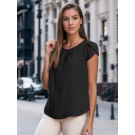 Women's Round Neck Pleated Blouse Cap Sleeve Curved Keyhole Back Chiffon Top