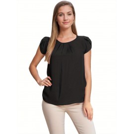 Women's Round Neck Pleated Blouse Cap Sleeve Curved Keyhole Back Chiffon Top