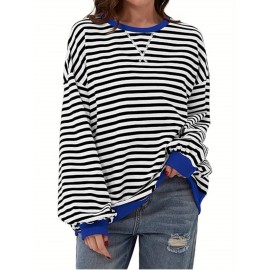 Women Y2K Clothes Free Striped Sweatshirt Oversized Crewneck Color Block Pullover Tops Casual Sweater