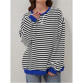 Women Y2K Clothes Free Striped Sweatshirt Oversized Crewneck Color Block Pullover Tops Casual Sweater