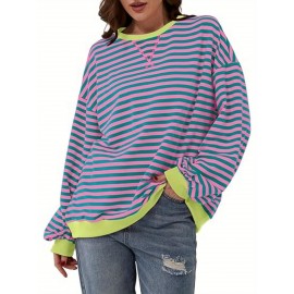 Women Y2K Clothes Free Striped Sweatshirt Oversized Crewneck Color Block Pullover Tops Casual Sweater