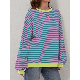 Women Y2K Clothes Free Striped Sweatshirt Oversized Crewneck Color Block Pullover Tops Casual Sweater