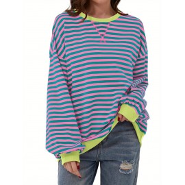 Women Y2K Clothes Free Striped Sweatshirt Oversized Crewneck Color Block Pullover Tops Casual Sweater