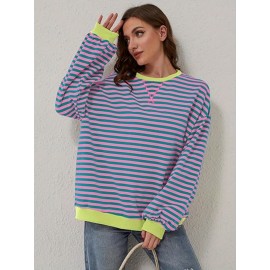 Women Y2K Clothes Free Striped Sweatshirt Oversized Crewneck Color Block Pullover Tops Casual Sweater