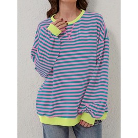 Women Y2K Clothes Free Striped Sweatshirt Oversized Crewneck Color Block Pullover Tops Casual Sweater