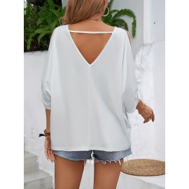 Women's Off Shoulder V-Neck Loose Short Sleeve Summer T-Shirt Top